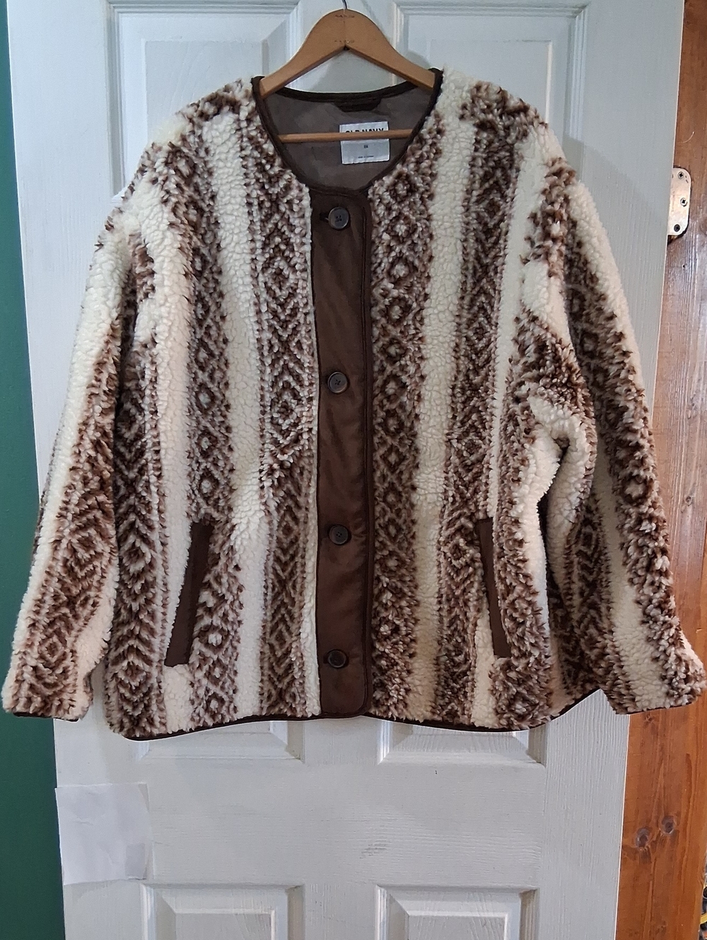 Old Navy Cream & Brown Patterned Faux Sherpa Jacket